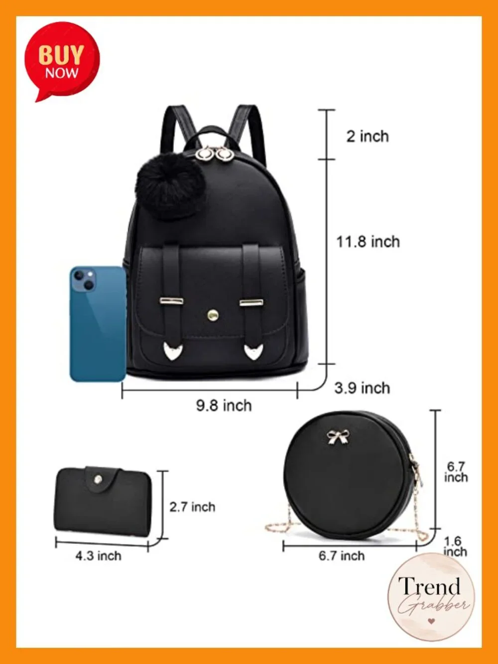 Faux Leather Mini Backpack Purse Set - 3 Piece Daypack with Pompom